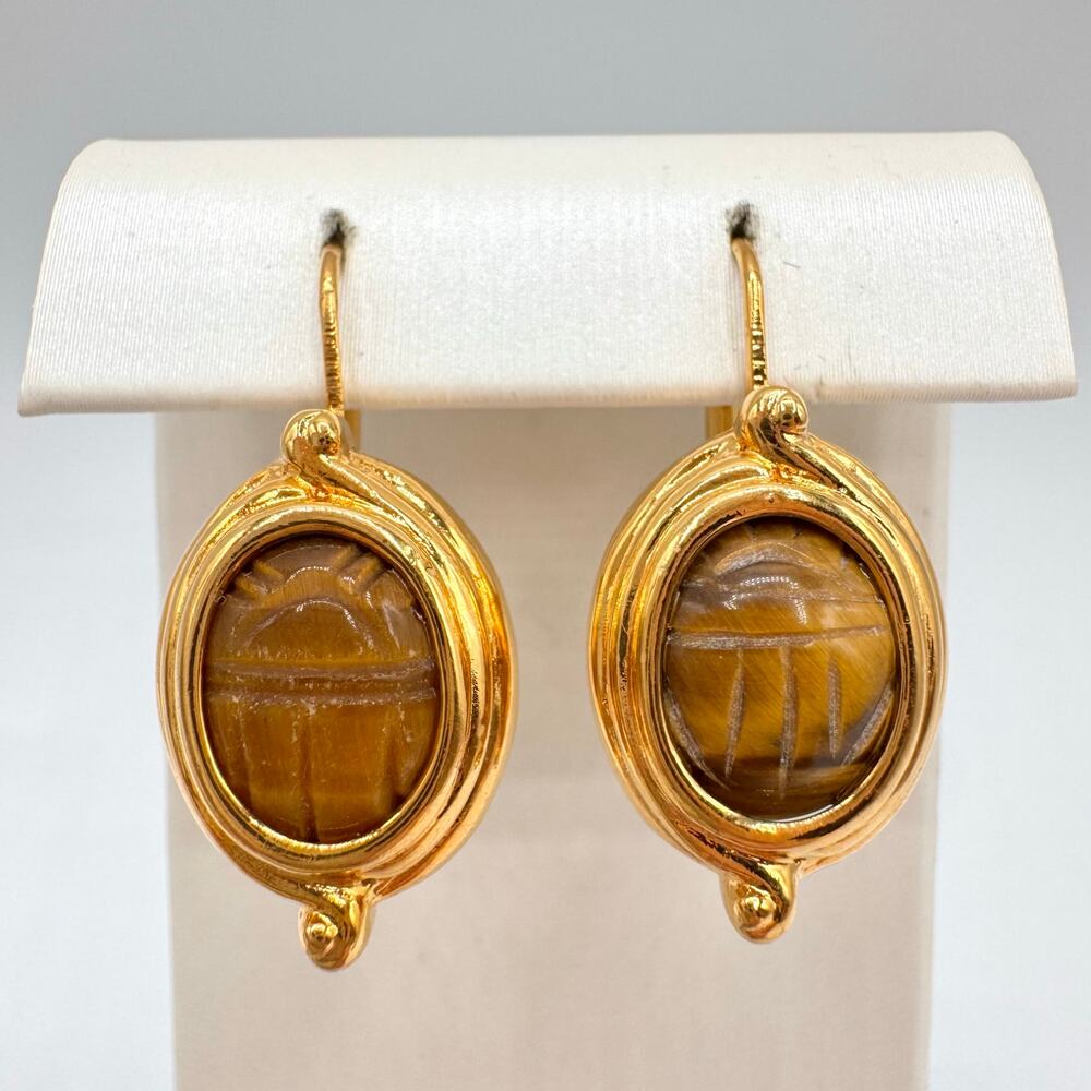 Gemstone Scarab Earrings Carved Tigers Eye Gold Tone Leverback Egyptian Revival